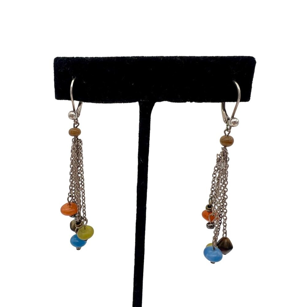Sterling Silver Multicolor Beaded Dangle Earrings Leverback Hooks Agate Stone